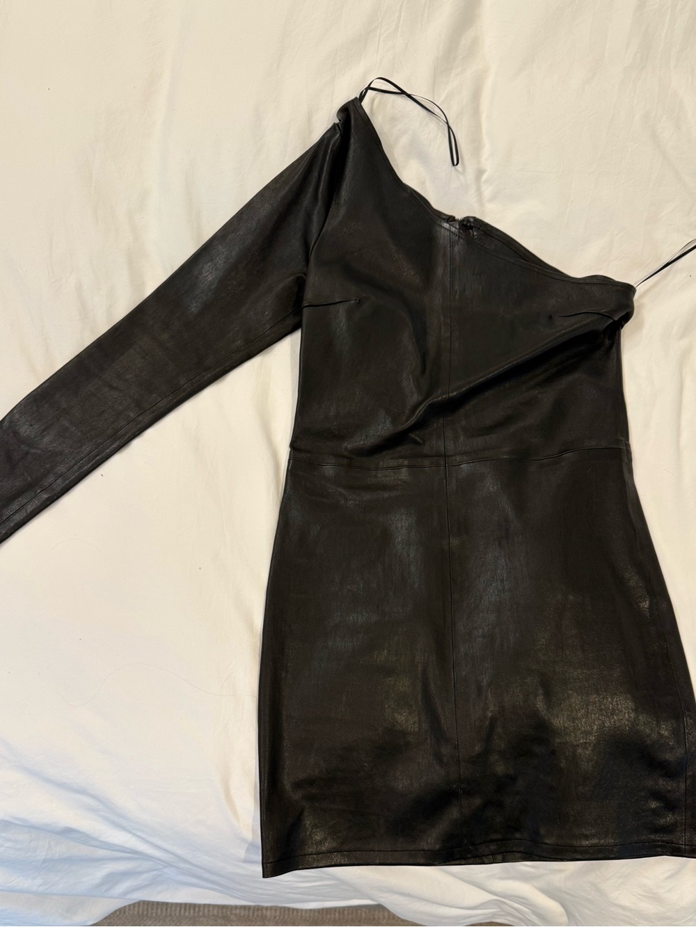 RtA Black One-Shoulder Faux Leather Mini with Long Sleeve